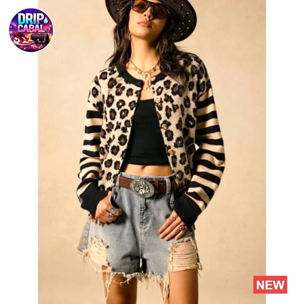 Leopard Print Striped Cardigan Drop Shoulder Knit Top Y2K Chic Oversized